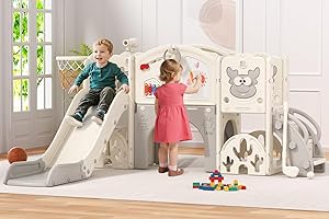 BIERUM Toddler Slide Set with Basketball Hoop, Golf Game & Drawing Board, 13-in-1 Indoor Outdoor Toddler Slides Playground for Kids Ages 1+, Kids Climber Playset for Backyard (Cream&Gray)