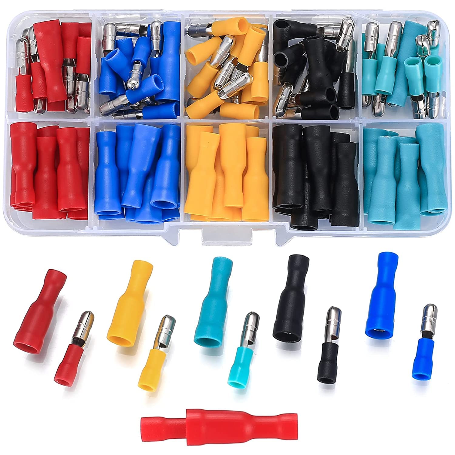 Photo 1 of QOOSIKICC 100 Pcs Bullet Connectors Kit, Insulated Bullet Connectors Terminals Female and Male, Electrical Marine Crimp Automotive Wire Connector Terminals