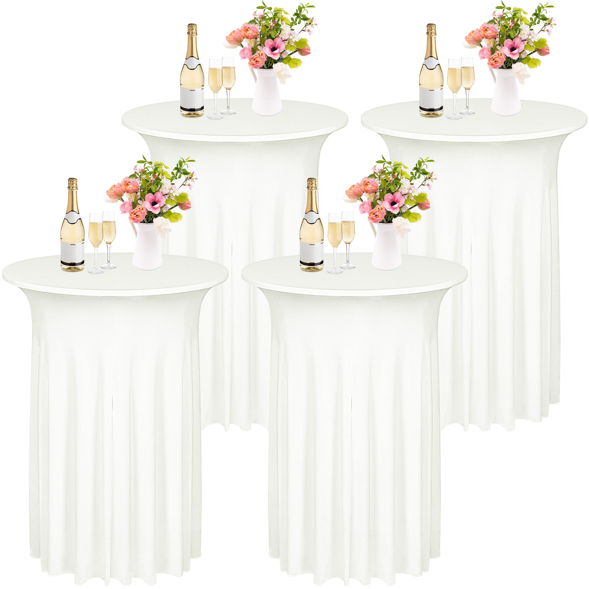 Photo 1 of Kochorie 4 Pieces Cocktail Table Skirt 32 x 43 Inch Round Cocktail Tablecloths with Skirt Spandex Stretch Table Covers for Wedding Banquet High Top Tables Bar Party Decor (Ivory)