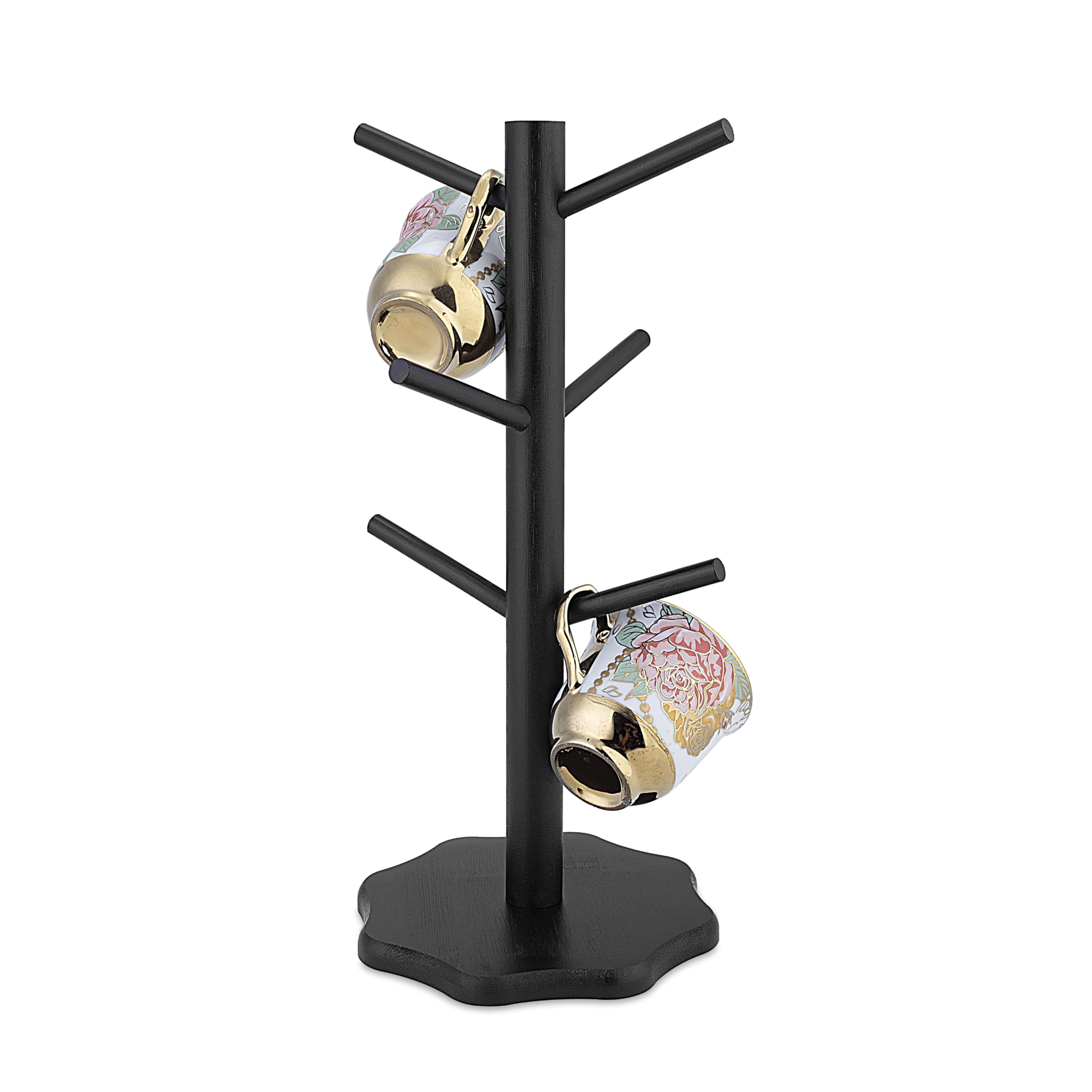 XUDREZ Wood Mug Tree, Bamboo Cup Holder with Thickened Base, Kitchen Coffee Cup Holder, Free Standing Mug Stand Kitchen Supplies for Tea Coffee Cup Mug Jewelry Organizer Tree (Black-01)