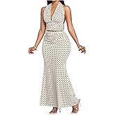 Milumia Women's 2 Piece Outfit Polka Dots Deep V Neck Halter Crop Top Fishtail Maxi Skirt Set