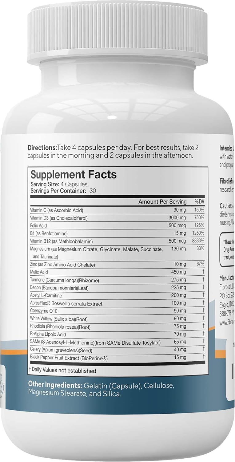 Fibrolief: Fibromyalgia Support Formula - Vitamin and Herbal Formula for Back, Neck, and Muscle Pain Relief - 120 Count (30 Day Supply) - Maximum Bioavailability and Alternative Pain Relief: Health & Personal Care