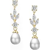 Cdrtnr 14K Gold-Plated Pearl Drop Earrings with CZ – Bridal Wedding Jewelry/Hypoallergenic Gift for Women