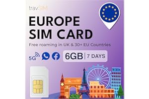 travSIM SIM Card Europe | Data SIM Card | 6GB Data at 4G/5G speeds | Use Europe SIM Card in UK & 30+ Countries in Europe/Plan on SIM Card for Europe Travel is Valid for 7 Days.