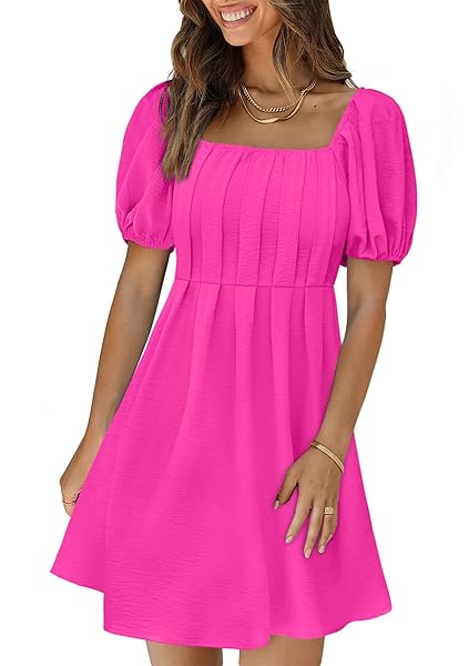 XIEERDUO SUMMER DRESSES FOR TEENS SQUARE NECK PUFF SLEEVE MINI DRESS ROSE RED M