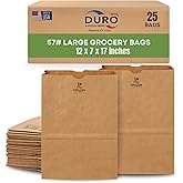 DURO 57# Brown Paper Grocery Bags Heavy-Duty, 12 x 7 x 17 Inches, 25-Count, Large Brown Paper Bags for Grocery Shopping, Food Take-Out, Disposable Kraft 1/6 Sack for Trash & Recycling