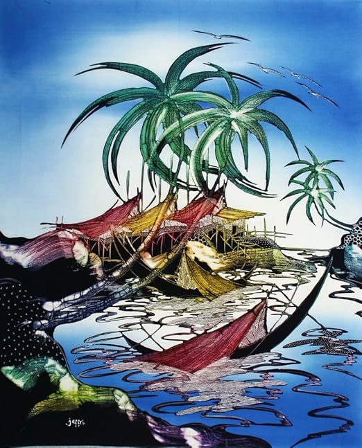 Amazon Com Original Batik Art Painting On Cotton Fishing Village By Jeffri 75cm X 90cm Oil Paintings Paintings