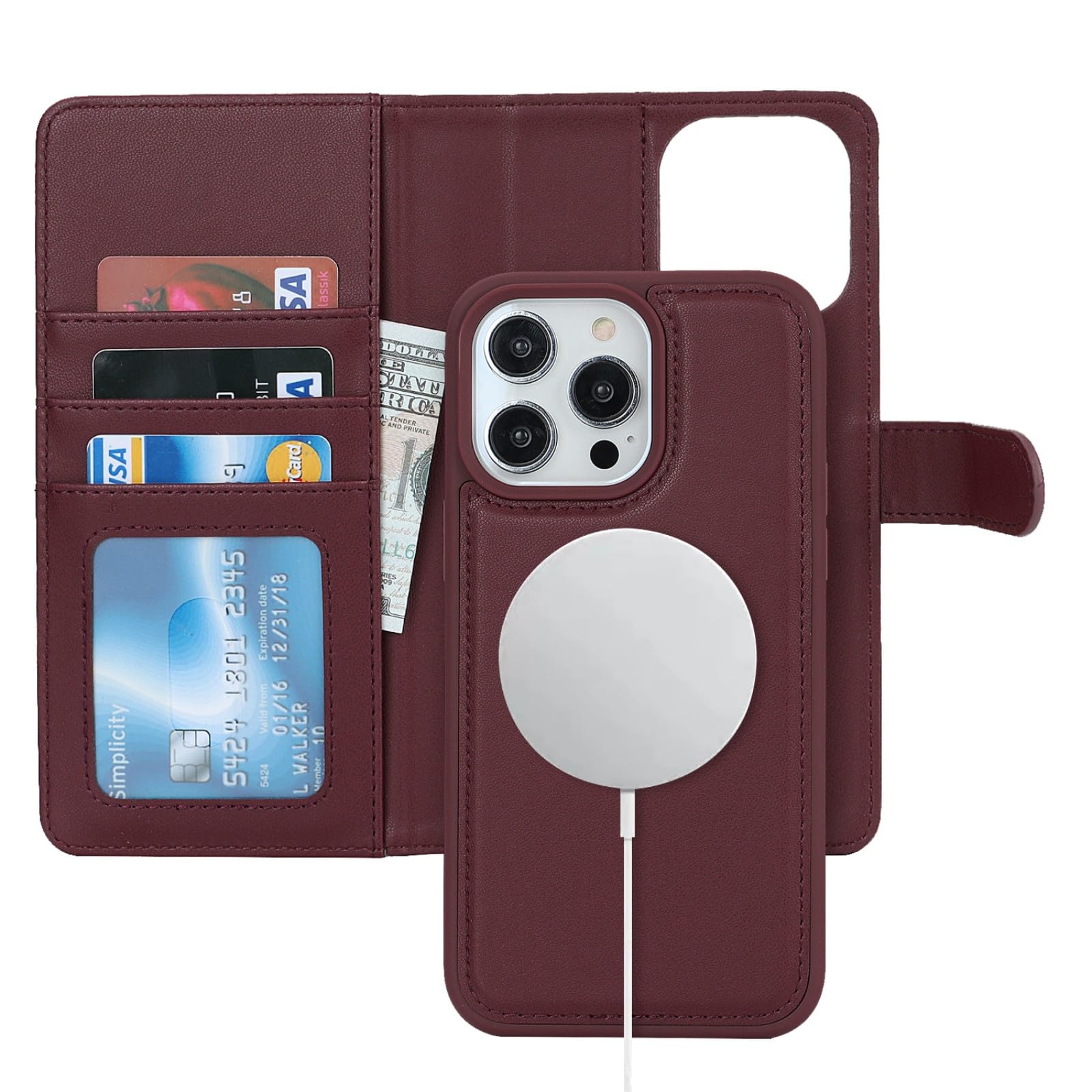 Zouzt for iPhone 15 Pro Max 6.7 Inch Detachable Wallet Case with Card Holder for MagSafe, Premium PU Leather 2 in 1 Flip Folio Book Magnetic Stand Protective Phone Cover - Burgundy — image 1