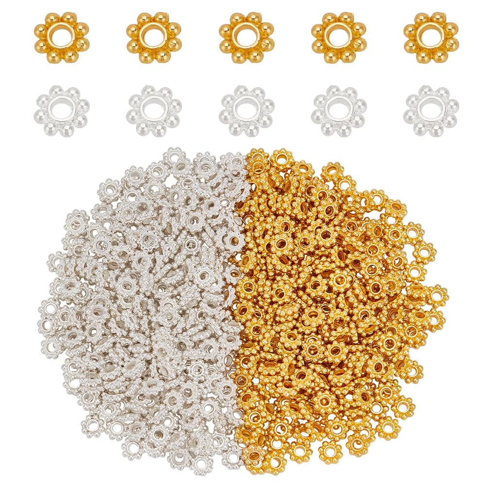 PH PandaHall 500PCS Tibetan Flower Spacer Beads, 2 Colors 5mm Alloy Daisy Beads Metal Jewellery Spacers Snowflake Spacer Charms for Bracelet Necklace Earring Jewellery Making, Golden&Silver