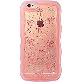 Qokey for iPhone 6/6S Case, Glitter Star & Curved Edge Handle Grip Design, Military-Grade Shockproof Clear TPU Cover, Sparkle Protection Scratch-Resistant, Holographic Pink Bow