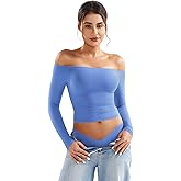 YEOREO Sophie Women Off Shoulder Long Sleeve Shirts Double Lined Basic Undershirt Y2K Going Out Tops