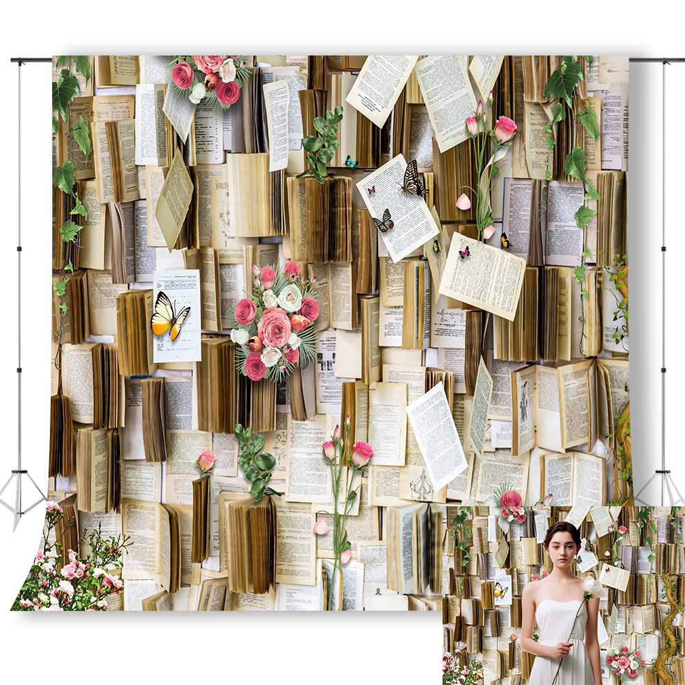Photo 1 of KUKUSOUL 8x8ft Vintage Bookshelf Background Books Pink Flowers Weeding Decor Photo Backdrop Girls Party Kids Baby Shower Birthday Baby Shower Photo Studio Props KUBDJ731