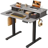 JOY worker 35" Electric Standing Desk Height Adjustable with Storage Shelf | Grey 35" x 25" Height Adjustable Desk for Small Space, Shutter Door &amp; Drawer, Sit Stand Table with 2 Hooks for Home Office