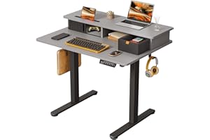 JOY worker Small Electric Standing Desk, 35" x 25" Height Adjustable Desk with Built-in Monitor Stand & Storage Drawer, Grey Sit Stand Desk with 2 Hooks for Home Office