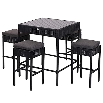 Outsunny 5-teilige Essgruppe Sitzgruppe Esstisch Bistrotisch Bartisch Gartentisch Metall + Polyrattan Schwarz mit 1 Tisch + 4