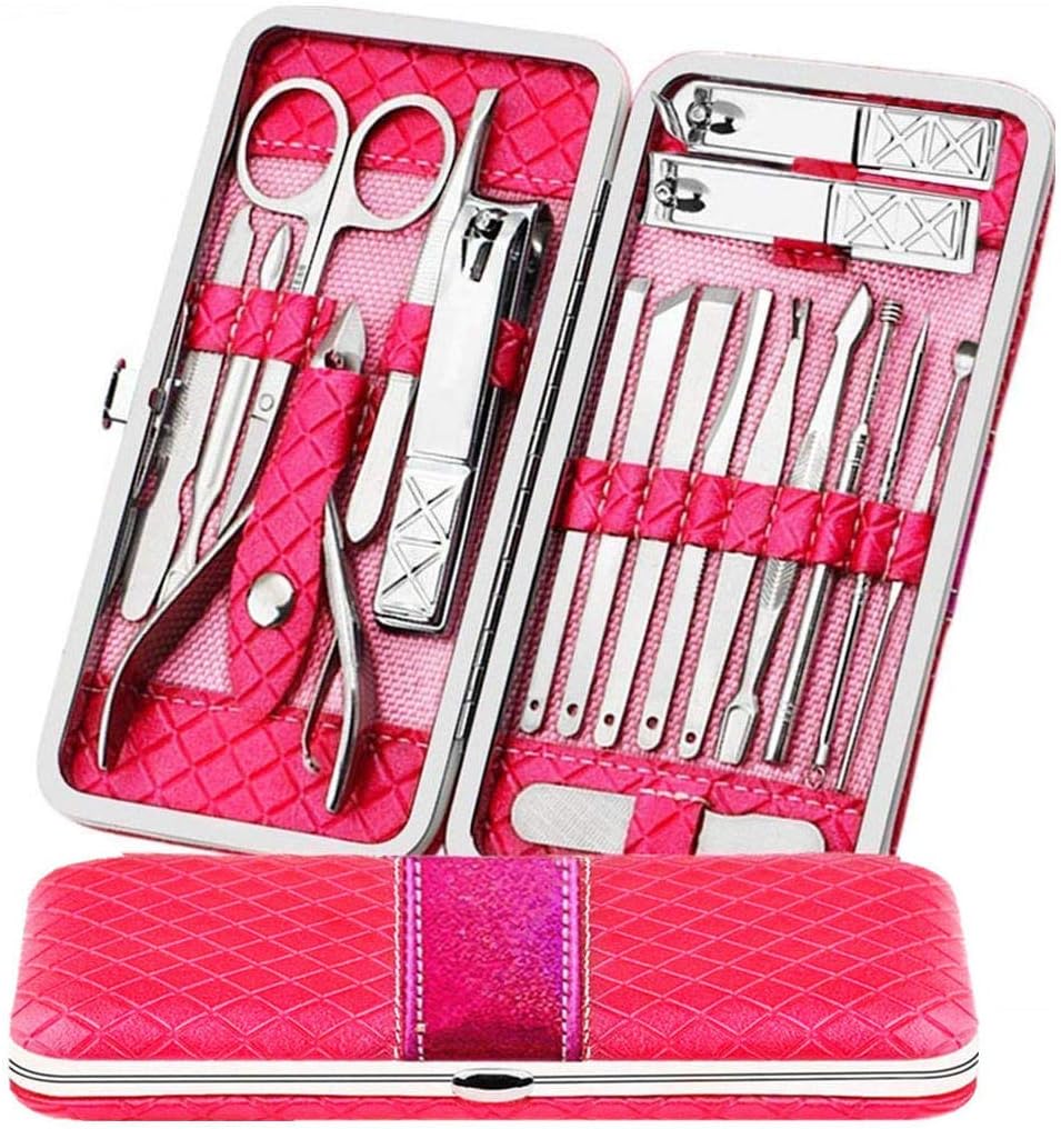 Manicure Pedicure Set , Women Men Nail Clippers Tweezer Scissors Cutter Cuticle Remover Professional Travel Tool Kit - Stainless Steel -With Leather Case - 18 Pcs - Black - Teamkio