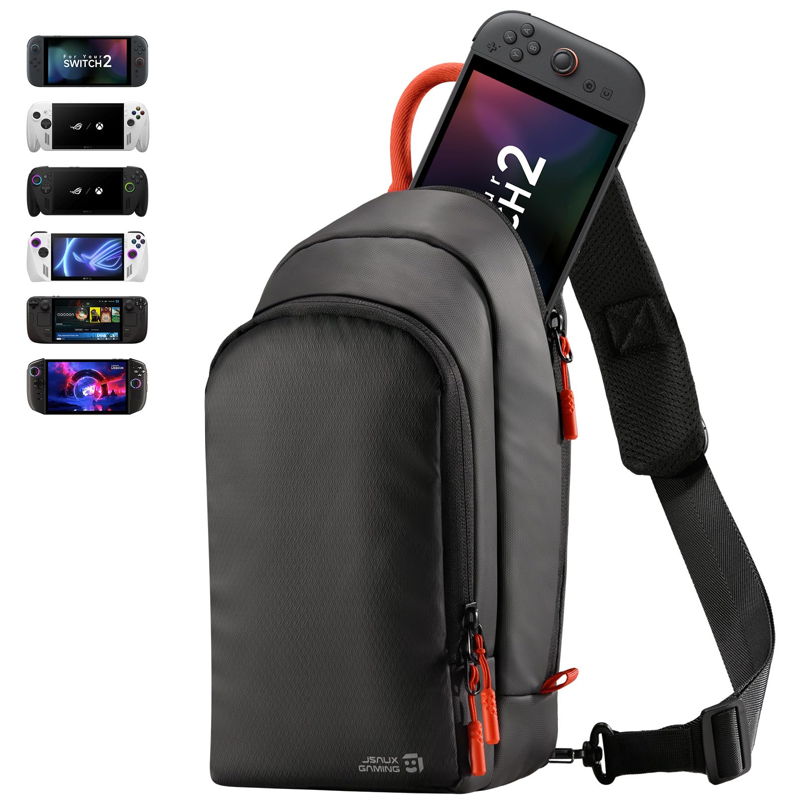 JSAUX Sling Bag for Switch 2, ROG Xbox Ally X, Steam Deck, Legion Go 2, Protective Crossbody Travel Case for Handheld Console and Accessories with Joystick Guard Design, Large Capacity, 3 Compartments