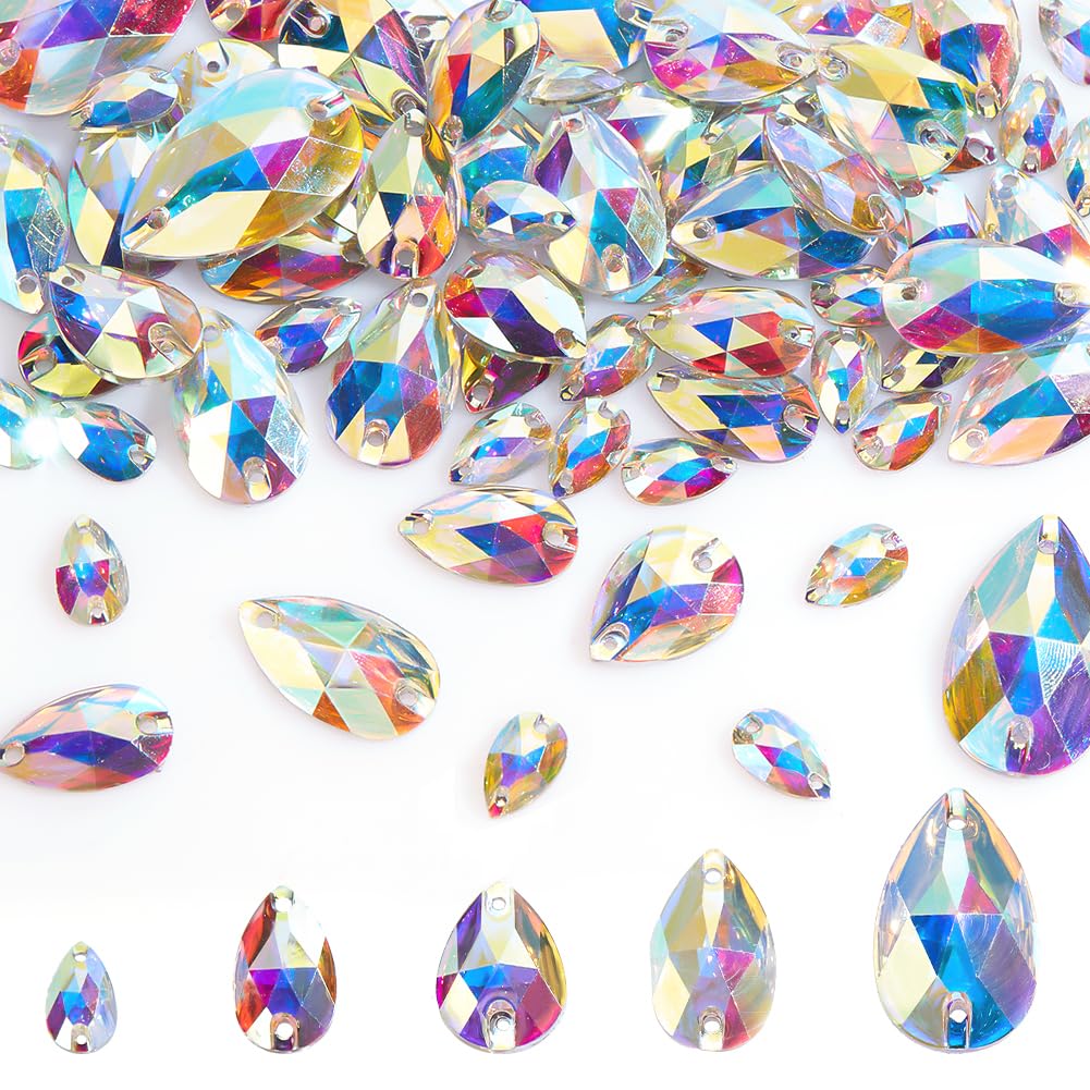 AHANDMAKER 75 Pcs Resin Sew On Rhinestones, 5 Sizes Crystal AB Flatback Teardrop Sewing Rhinestones, 2 Hole Sewing Beads Decorations for DIY Crafts Clothes Dress Hats Shoes, Hole: 1.6mm