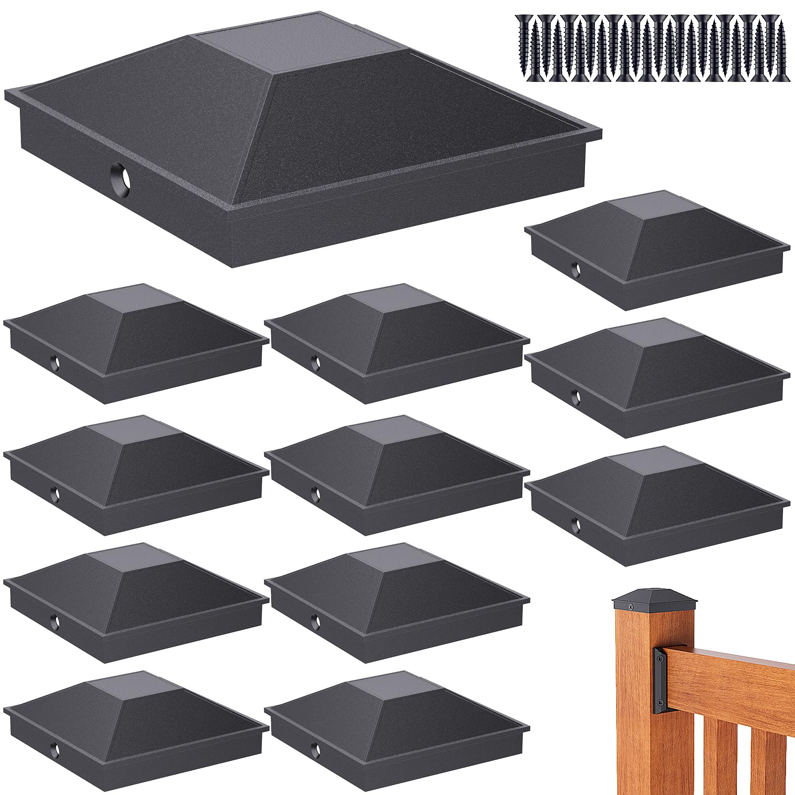 Photo 1 of Goovilla 4x4 Post Caps Black(Actual 3.5" x 3.5"), 12 Pack Aluminum Metal Fence Post Caps with 24 Screws and Easy Installation, Waterproof Deck Post Caps with Fade-Resistant Coating, Protect Wood Post
