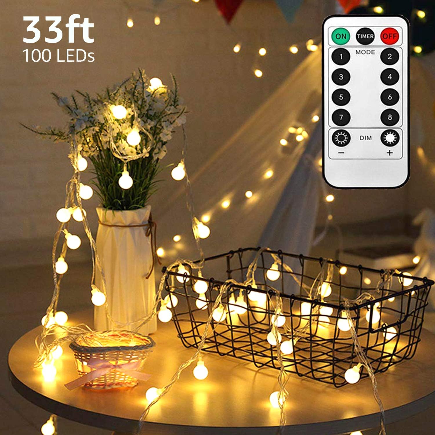 LED String Lights,33ft 100 Led Waterproof Ball Lights, Battery Powered Starry Fairy Globe String Lights with Remote Timer for Bedroom, Garden, Christmas Tree, Wedding, Party (Warm Light)