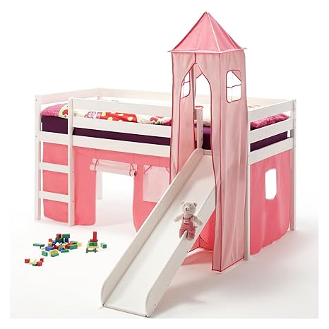 IDIMEX Rutschbett Hochbett Spielbett Bett Benny Kiefer massiv Weiss mit Turm+Vorhang pink 90 x 200 cm (B x L) mit Rutsche