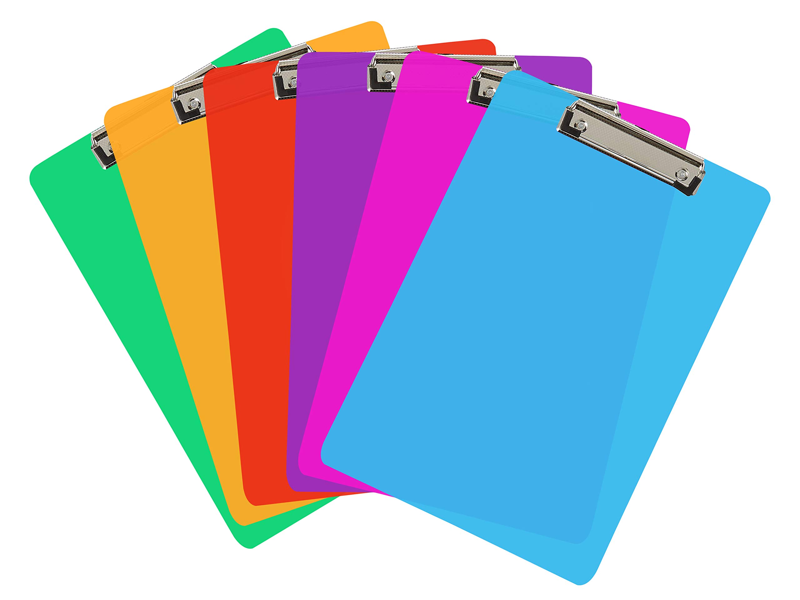 6 Coloured Plastic Clipboards | Strong 12.5 x 9 Inch (A4 Size) Multi Pack Clipboard | Holds 100 Sheets! | Acrylic Clipboards with Low Profile Clip & Heavy Duty Clip Boards | UK Brand