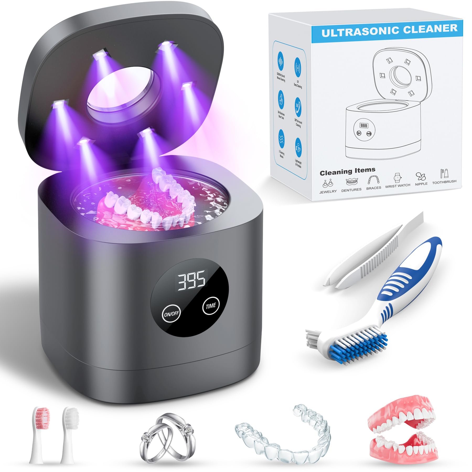 Photo 1 of ***POSSIBLY FOR PARTS DOESN'T FUNCTION PROPERLY*** TEBAL Ultrasonic Retainer Cleaner Machine, 52kHz Ultrasonic Denture Cleaner for Night Guards, Braces, Toothbrush Heads, Jewelry and More, Ultrasonic Cleaner for Retainers with 250ML Capacity, Black