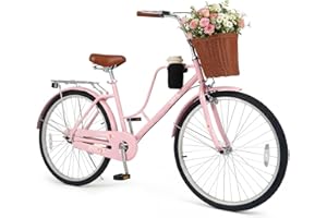 Goplus Beach Cruiser Bike for Women, 24/26 Inch Commuter Bicycle w/Basket, Rear Rack, Bell, Low Step Through Frame, Adjustabl