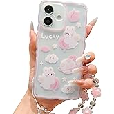ZSYTZL Compatible with iPhone 16 Plus Case Clear Cute Cartoon Peach Rabbit Pattern with Cute Chain Design for Women Kawaii Slim Soft TPU Case for iPhone 16 Plus-Peach Rabbit