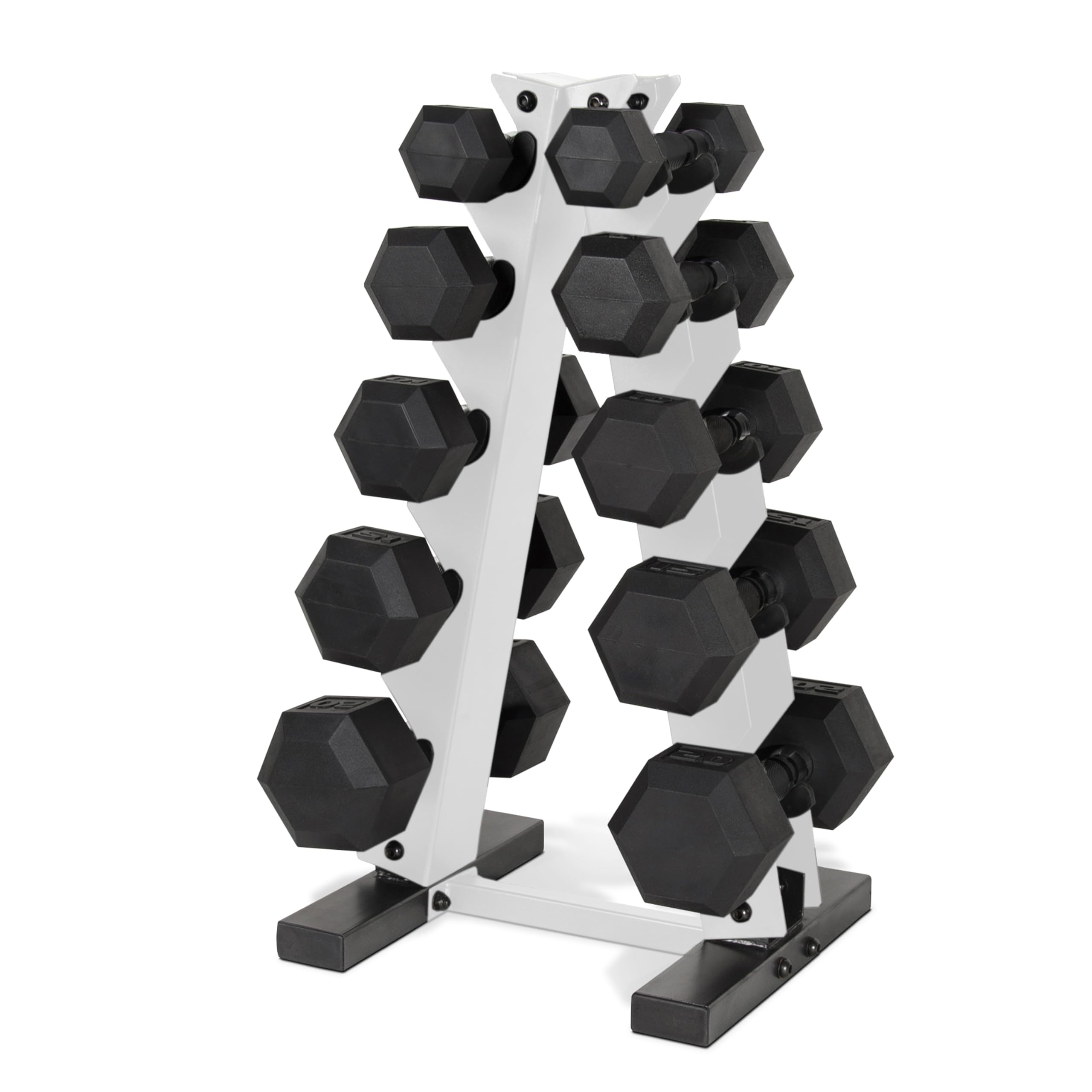 Photo 1 of **SELLING FOR PARTS. TRANSPORT SCUFFS. MING HALF OF RACK AND HALF OF WEIGHTS.**CAP Barbell 150 LB Black Handle Coated Hex Dumbbell Set with Vertical White Rack