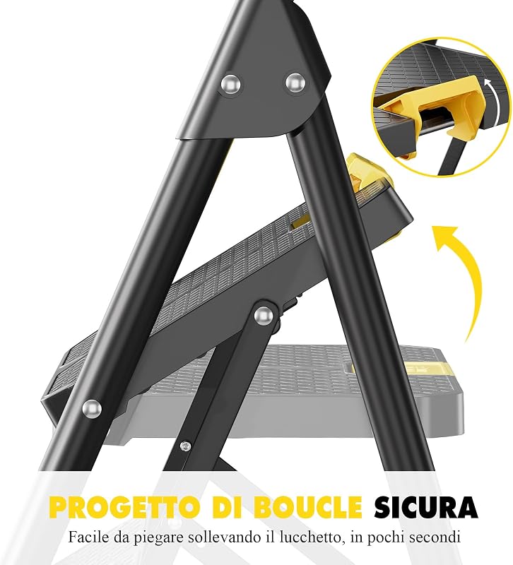 Scaletta 3 Gradini, Scala Pieghevole Domestica con Blocco di Sicurezza, Acciaio Portata 360kg con Ampio Pedale Antiscivolo, Corrimano Comoda, Cucina Casa Ufficio, Nero