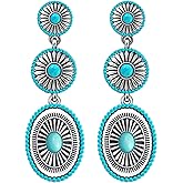 Ronglry Western Earrings Outfit for Women Silver Boho Turquoise Earrings for Women Vintage Concho Earring Cowboy Cowgirl Accessories Western Jewelry Country Concert Outfits for Womens Westerns Dress