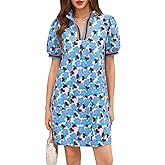 Wenrine Womens Summer Mini Dress Casual Puff Sleeve Floral V Neck Loose Boho Beach A Line Dresses with Pockets