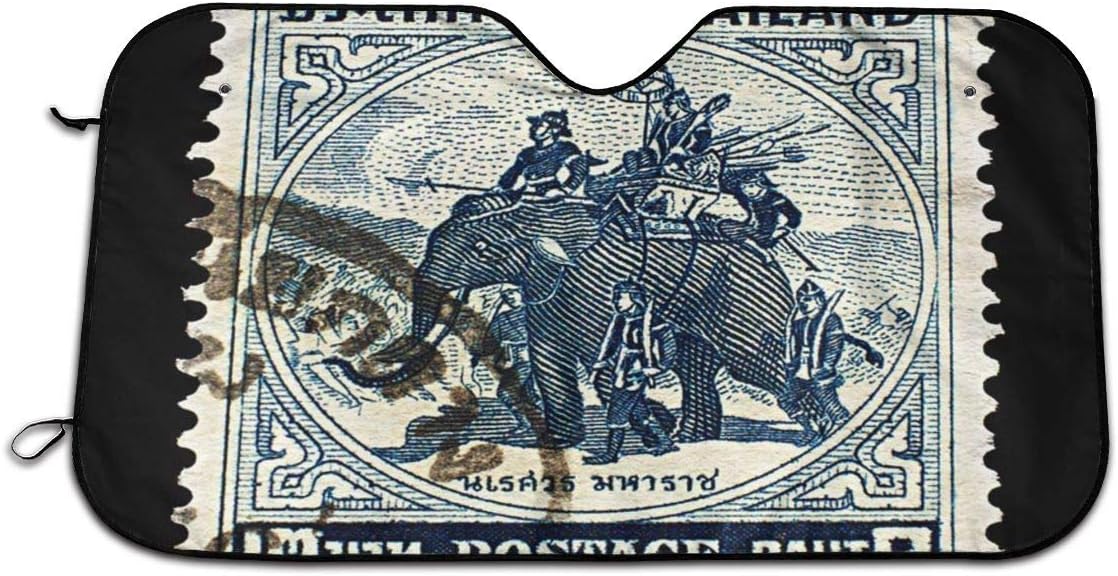 DGbanma Windshield Sun Shade，Foldable Car Sun Shade for Windshield Keep Your Vehicle Cool Black Thailand Circa 1955 Old Stamp Features Thai King Naresuan 1555 1605 Riding On War Elephant Blue
