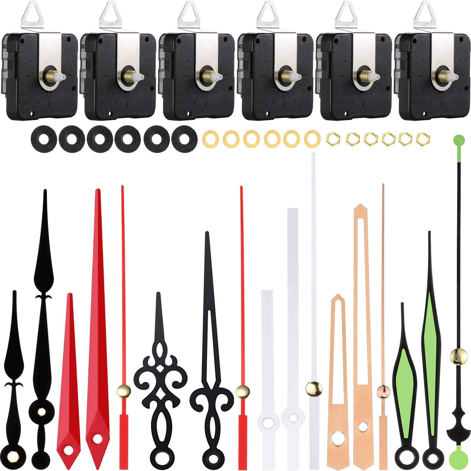 Photo 1 of 6 Pieces High Torque Long Shaft Clock Movement Mechanism with Pasters, Hooks and 6 Different Pairs of Hands Clock Repair Parts Replacement (13 mm/ 0.51 Inches)