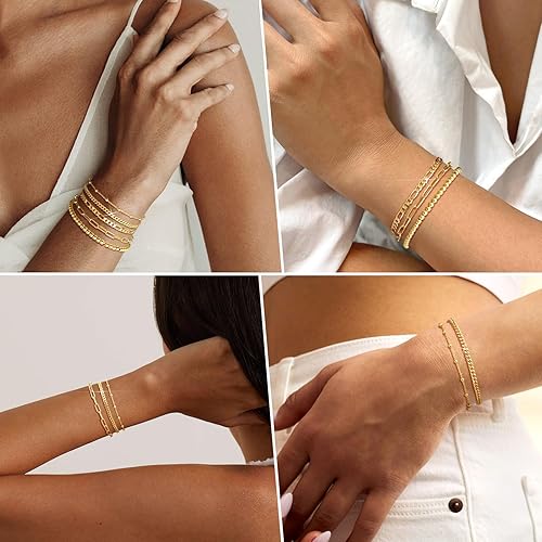adoyi Gold Bracelets for Women, 14K Gold Plated Beaded Stretch Bracelet Strand Bead Ball Bracelets stack Set Trendy Adjustable Non Tarnish Jewelry Sets for Womens Gifts