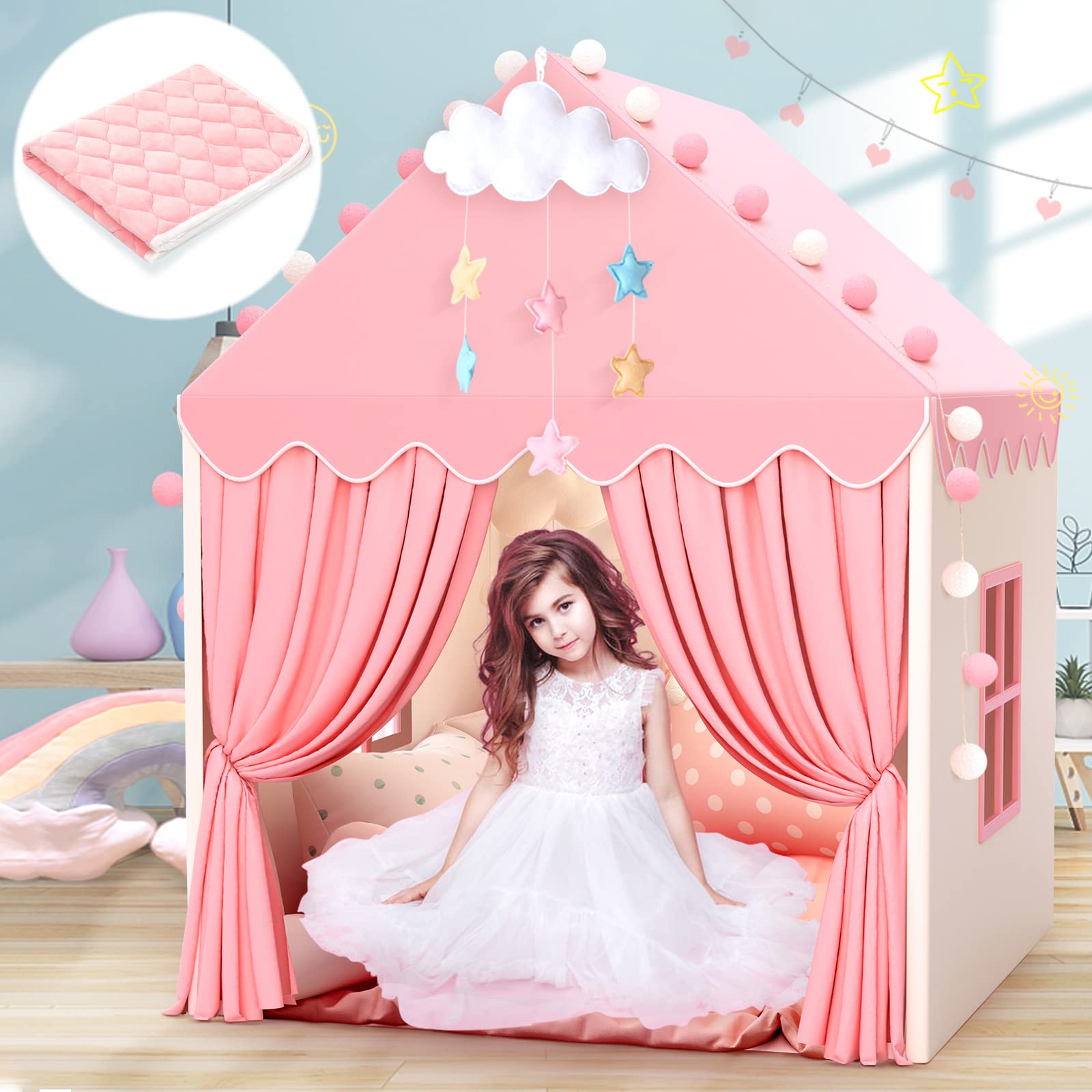 Kids Play Tent with Mat for Girls Large Fairy Playhouse for Kids Princess Castle Tent Gift Toys for Girl Toddler Children Play House (Tent with Mat) Image