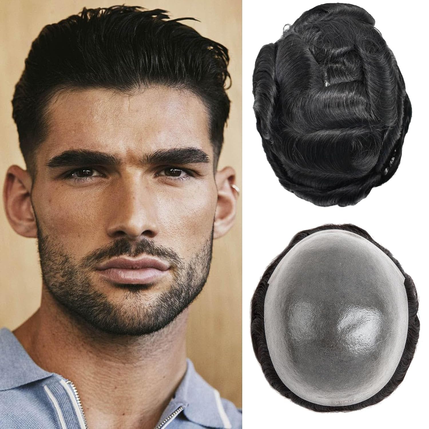 Toupee For Men 0.1mm Poly Skin Human Hair System For Men Men'S Toupee V-Loop Knots Durable Pu Toupee Human Hair Mens Wig Base Size 8X10 Inch 120% Density （#1）