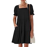 ANRABESS Women Summer Square Neck Puff Short Sleeve Mini Dress 2026 Casual Flowy Sundress Beach Vacation Clothes with Pockets