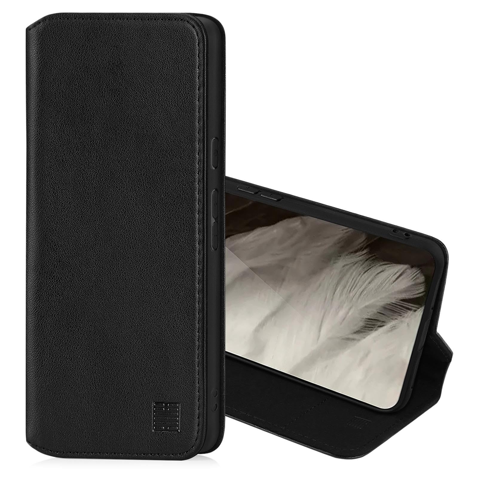 32nd Classic Series 2.0 - Real Leather Book Wallet Flip Case Cover For Google Pixel 8, With RFID Blocking Card Slot, Magnetic Closure and Built In Stand - Black