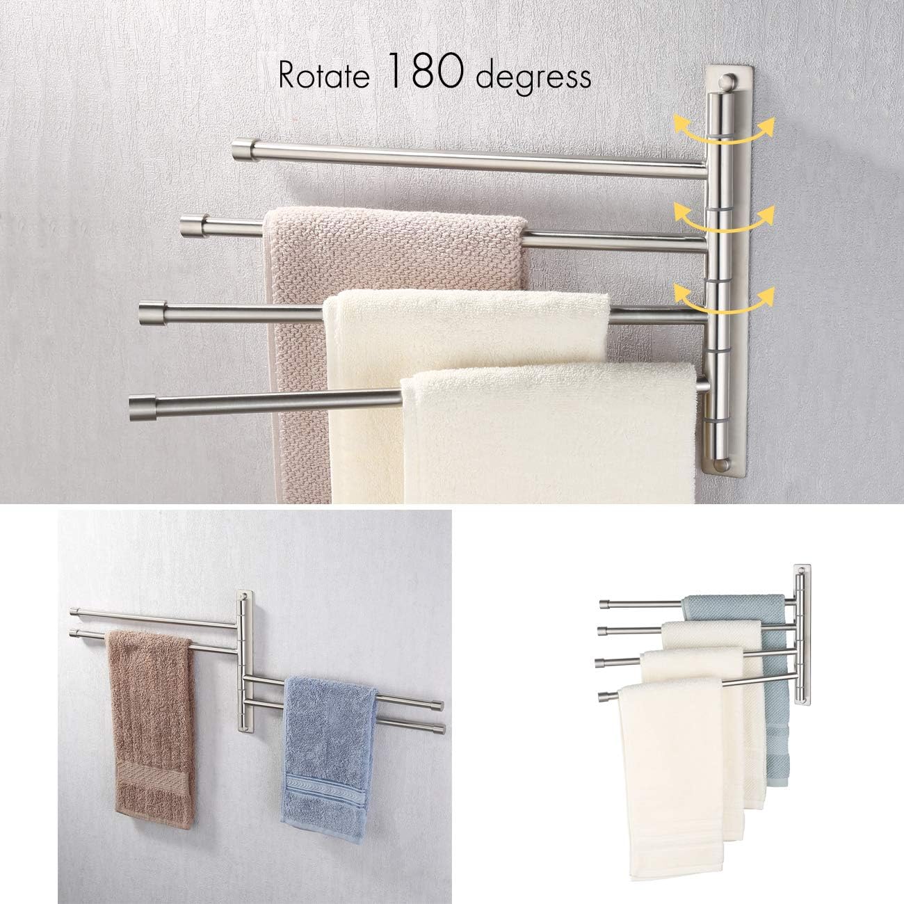KES Swivel Towel Bar SUS 304 Stainless Steel 4-Arm Bathroom Swing Hanger Towel Rack Holder Storage Organizer Space Saving Wall Mount Brushed Finish, A2102S4-2 - - 