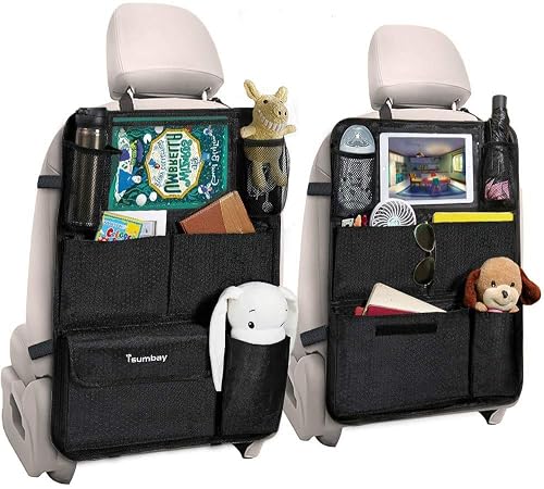Tsumbay Backseat Car Organizer, 2 Pack Kick Mats Back Seat Protector With Touch Screen Tablet Holder, Car Seat Organizer With 16 Storage Pockets For Kids, Perfect For Family Travel Road Trip In