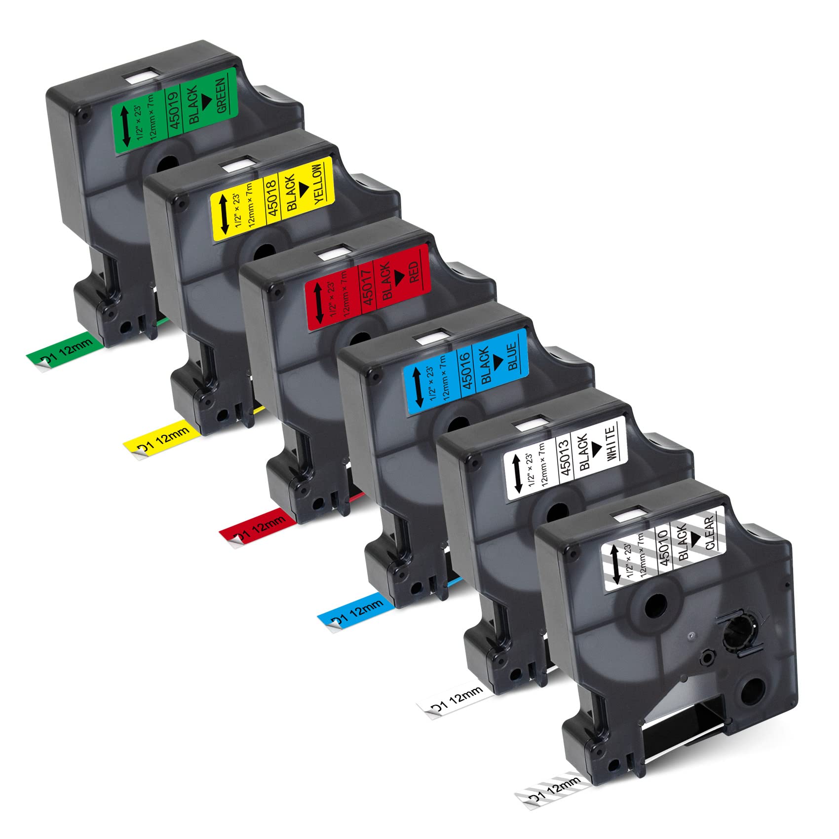 6X Compatible for DYMO D1 Label Tape, 12mm 45010 45013 45016 45017 45018 45019 Color Tape for Dymo LabelManager 160 210D 280 420P 360D PnP LabelPoint 150 250 Label Makers