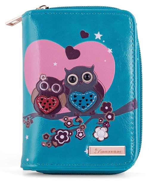 Kukubird Ladies Owl Zipper Purse, Faux Leather Wallet for Women with Coin Bag, Multifunction Bifold Wallet-Blue