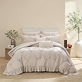 Bedbay Beige Ruffle Comforter Set Queen Size Ruched Bedding 9 Pcs Queen Bed in a Bag Pintuck Pinch Pleat Bedding Set Elegant Ruffle Farmhouse Boho Comforter Bed Set for All Seasons