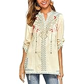 AK Women's Embroidered Tops Mexican Shirt V Neck Summer Casual Tops Peasant Tunic Loose Blouse