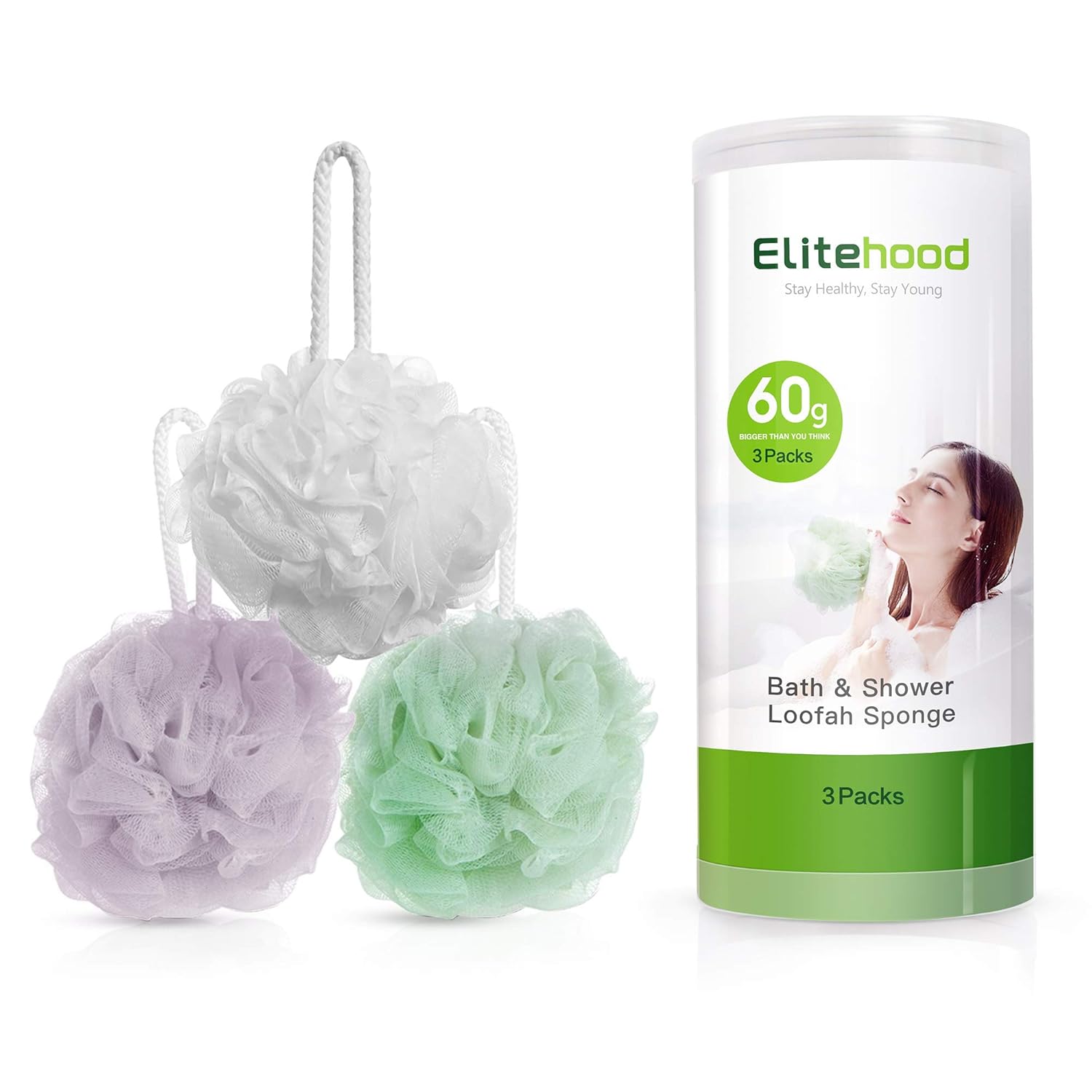Elitehood Bath Loofah for Woman, 3 Pack Mens Loofa, Extra Large Exfoliating Loofah, Mesh Pouf Kids Loofah and Loofa Sponge Natural, 60G Large Shower Bath Loofah with 3 Different Colors Loofah Sponge: Beauty