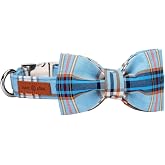 Lionet Paws Boy Dog Collar with Bowtie, Comfortable Adjustable Cute Blue Plaid Bow Tie Collar for Male Puppies and Cats Gift,