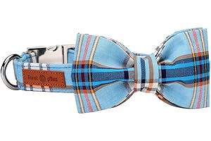 Lionet Paws Boy Dog Collar with Bowtie, Comfortable Adjustable Cute Blue Plaid Bow Tie Collar for Male Dogs Gift, Small, Neck 10-16 inches