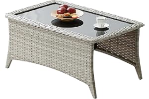Rilyson Patio Tables Wicker Coffee Table - Outdoor Rattan Coffee Tables with Glass Top for Patio Proch Deck Balcony Rectangle Light Grey